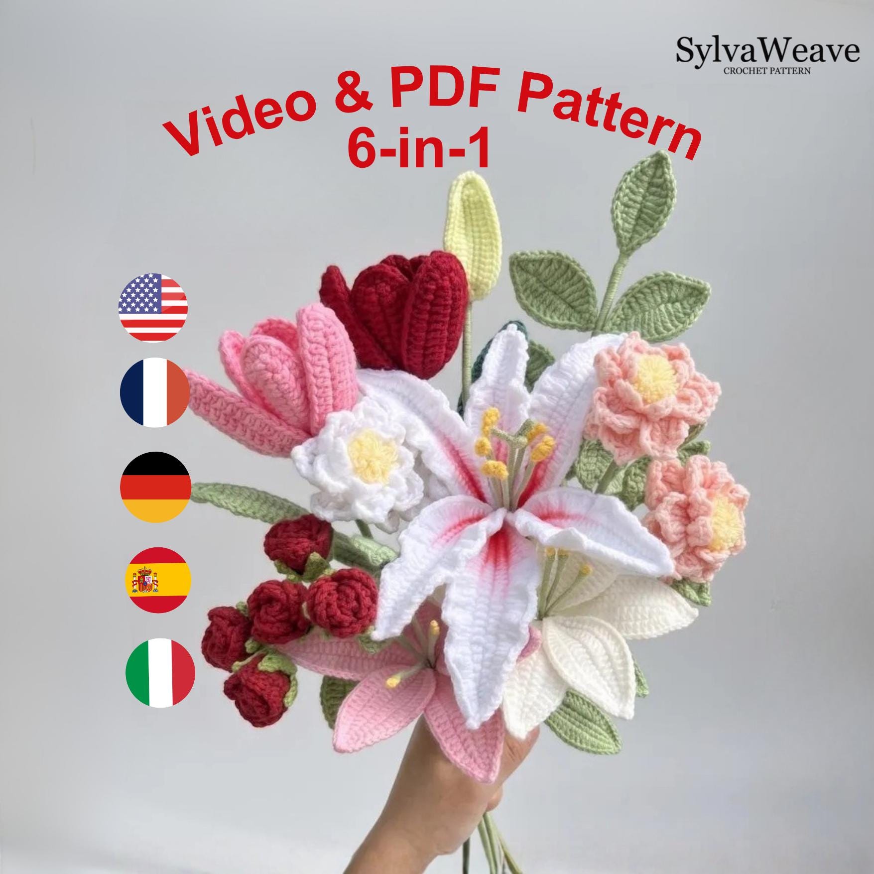 6-in-1 Crochet Flower Bouquet Pattern Bundle (PDF & Video), Beginner Friendly