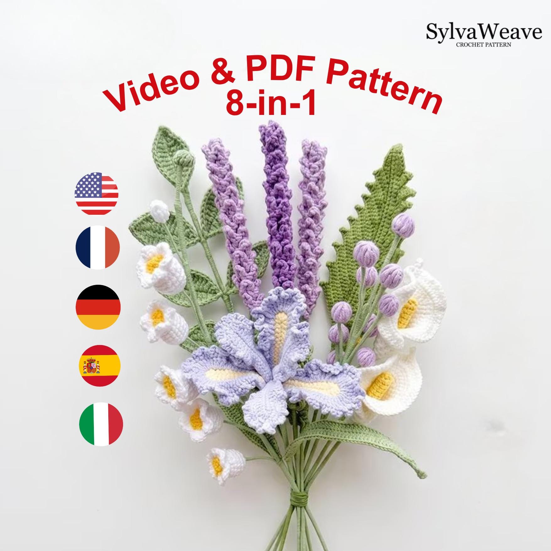 8-in-1 Crochet Flower Bouquet Pattern PDF, Video Tutorial, Crochet Lily, Lavender, Crochet Beginner, Gift for her, Anniversary Flower