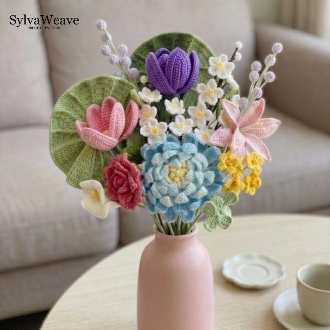 Crochet Flower Bouquet Bundle Pattern PDF with Video, Dahlia, Rose, Lily, Cherry Blossom, Amigurumi flower, Wedding Bouquet, Valentine
