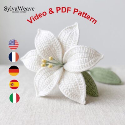 Lily Crochet Flower Pattern PDF with Video Tutorial, Elegant Bouquet DIY Gift