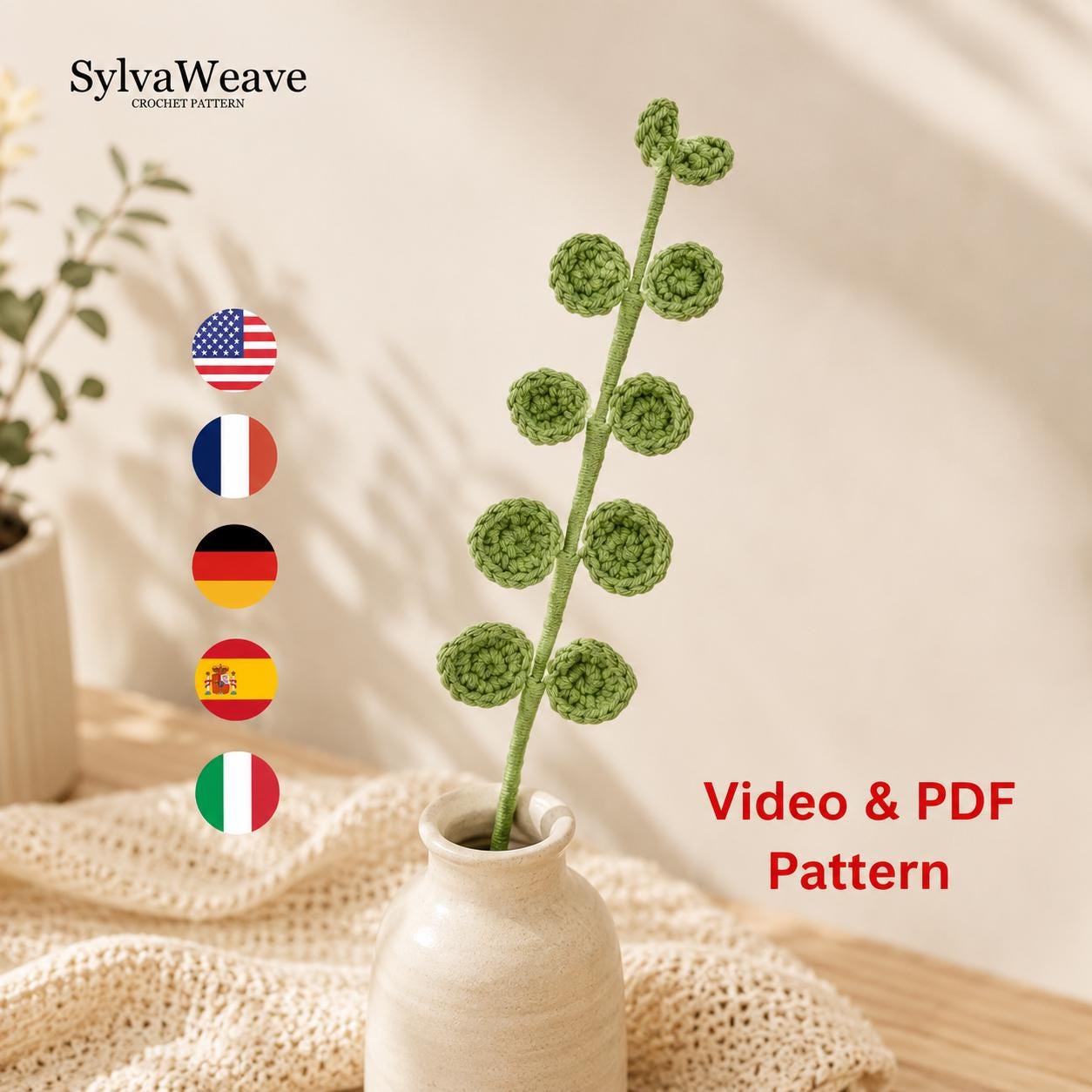 Eucalyptus Leaf Crochet Pattern PDF with Video Tutorial, Beginner DIY, Greenery Decor