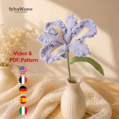 Iris Crochet Flower Pattern PDF with Video Tutorial, Elegant Bouquet DIY Gift