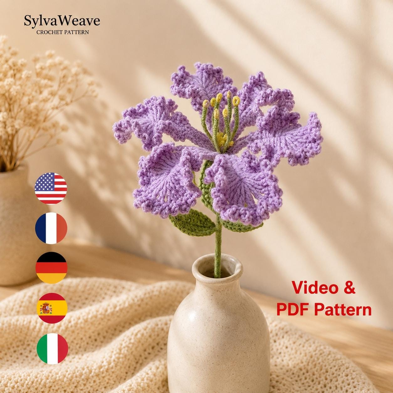 Crochet Crape Myrtle Flower Pattern, Video Tutorial, Floral Bouquet DIY (PDF)