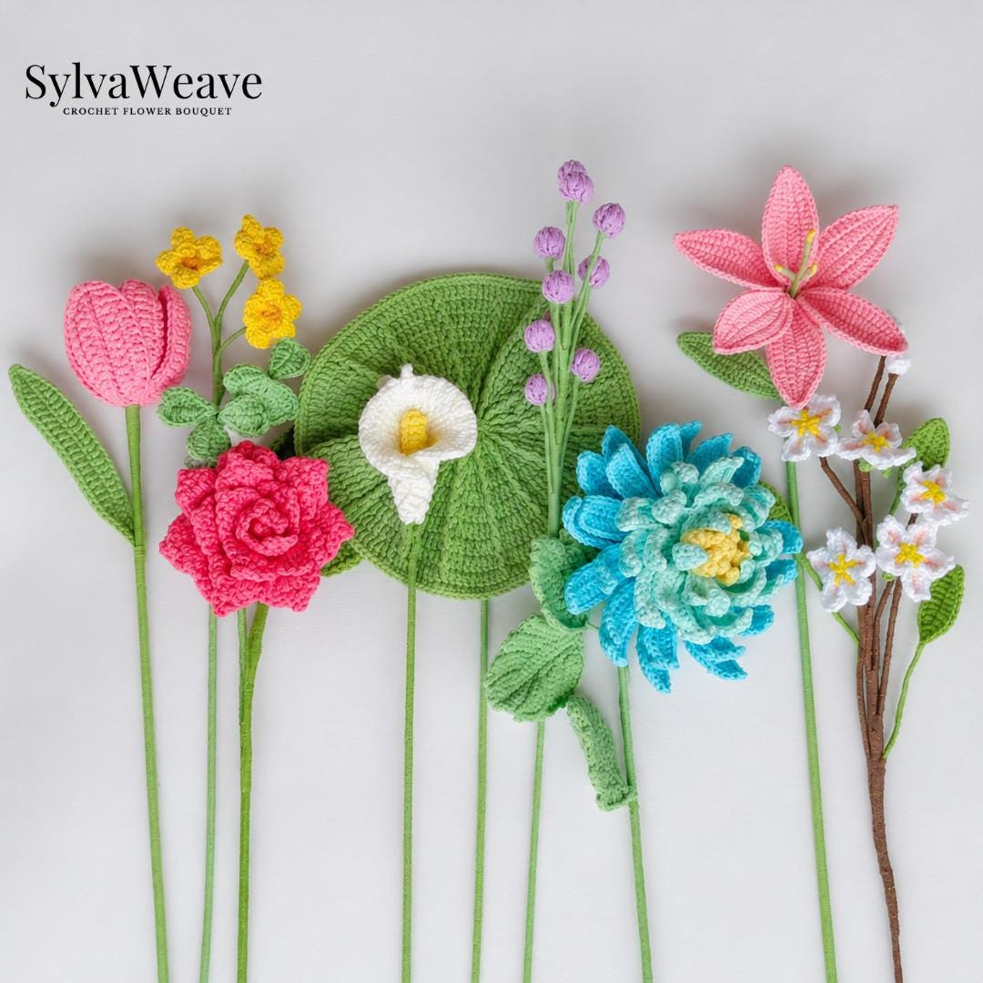 Crochet Flower Bouquet Bundle Pattern PDF with Video, Dahlia, Rose, Lily, Cherry Blossom, Amigurumi flower, Wedding Bouquet, Valentine