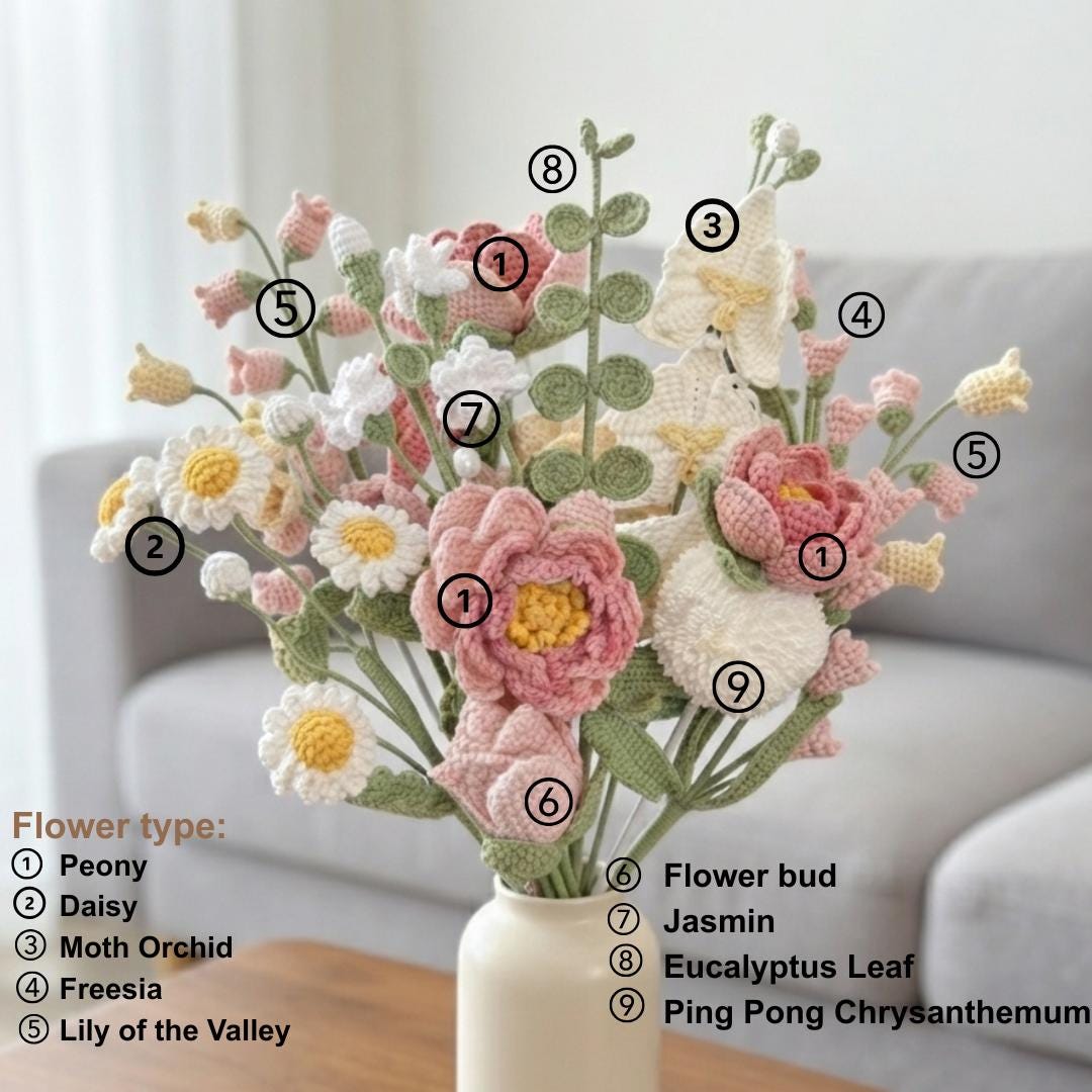 Crochet Flower Bouquet Bundle Pattern PDF with Video, Peony, Daisy, Moth Orchid, Freesia, Amigurumi flower, Wedding Bouquet, Valentine