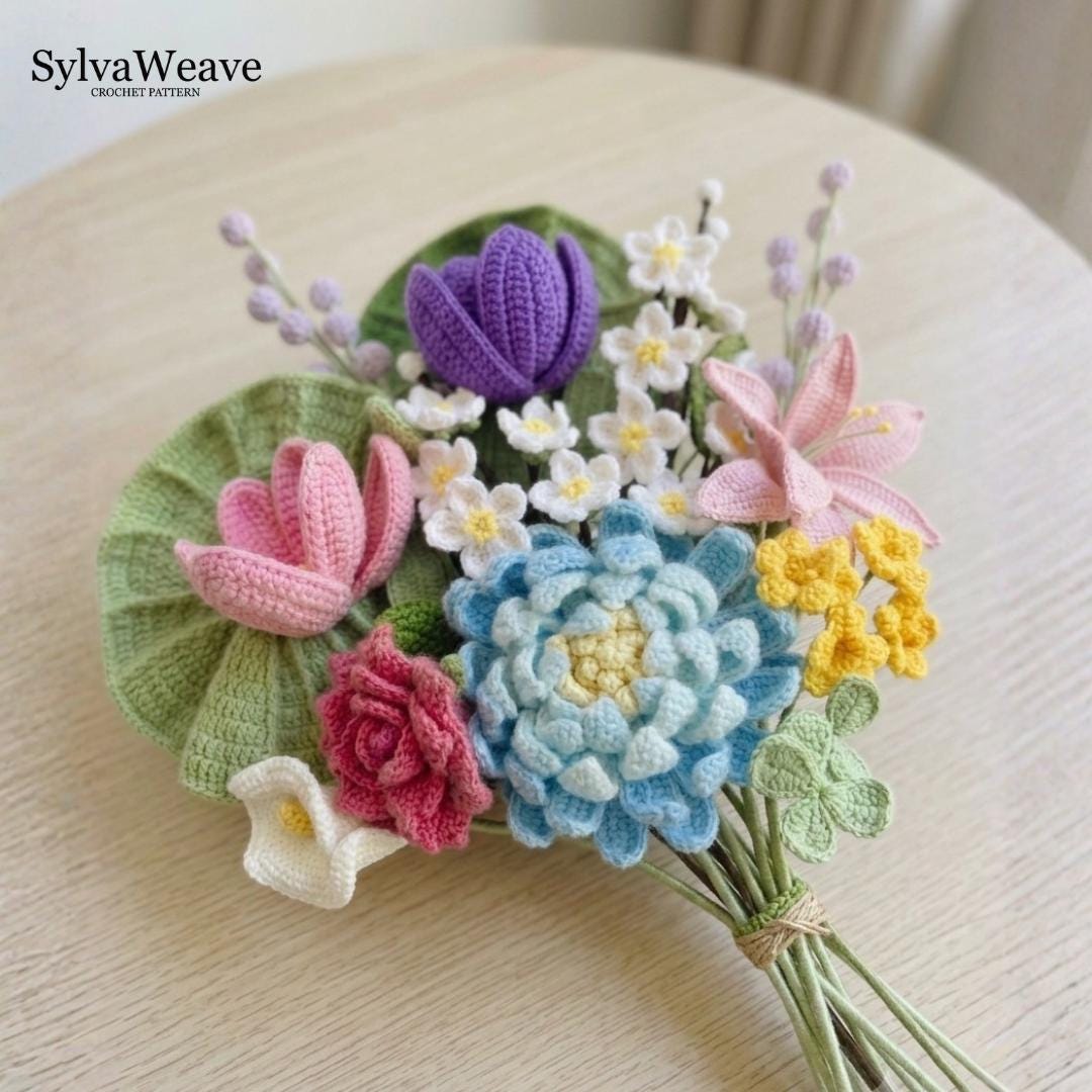 Crochet Flower Bouquet Bundle Pattern PDF with Video, Dahlia, Rose, Lily, Cherry Blossom, Amigurumi flower, Wedding Bouquet, Valentine