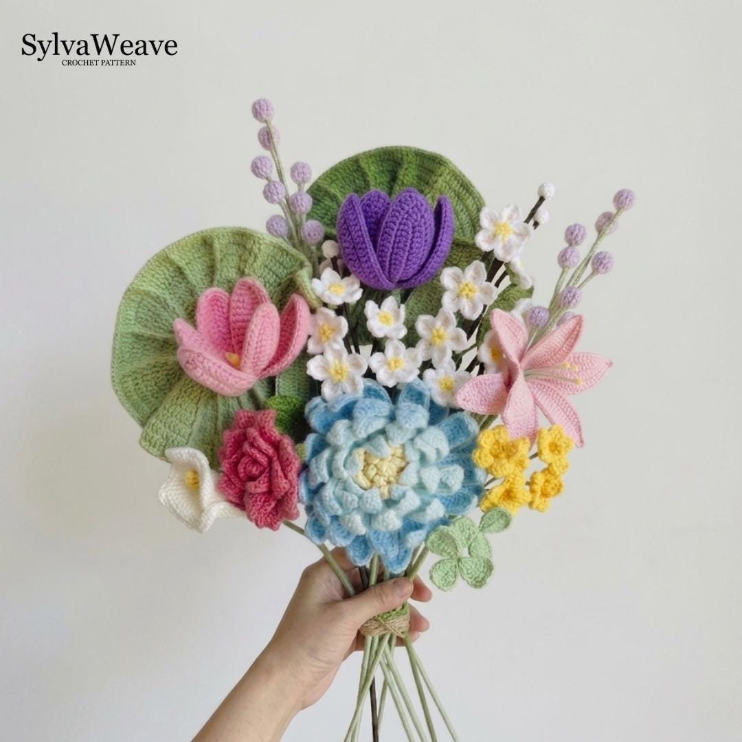 Crochet Flower Bouquet Bundle Pattern PDF with Video, Dahlia, Rose, Lily, Cherry Blossom, Amigurumi flower, Wedding Bouquet, Valentine
