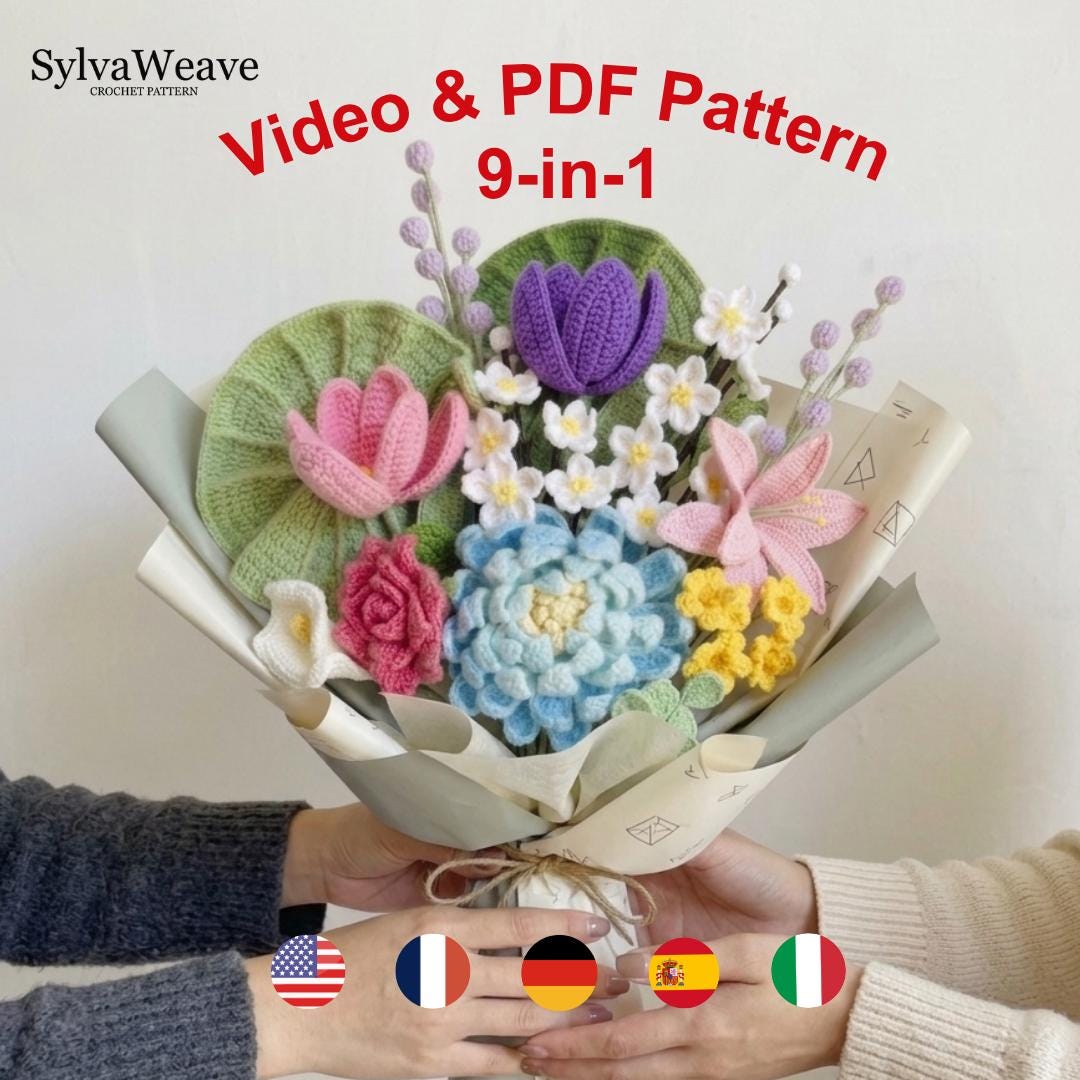 Crochet Flower Bouquet Bundle Pattern PDF with Video, Dahlia, Rose, Lily, Cherry Blossom, Amigurumi flower, Wedding Bouquet, Valentine