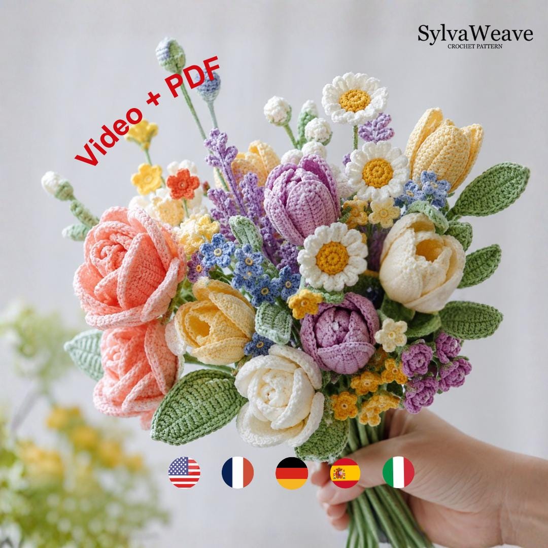 Crochet Flower Bouquet Bundle Pattern PDF with Video, Rose,Tulip, Daisy,Freesia, Amigurumi flower, Wedding Flower, Valentine, 9 types Floral