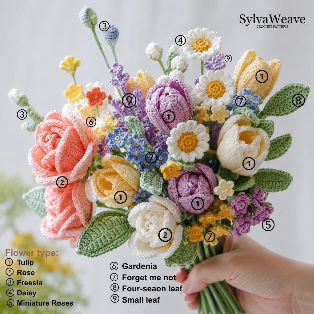 Crochet Flower Bouquet Bundle Pattern PDF with Video, Rose,Tulip, Daisy,Freesia, Amigurumi flower, Wedding Flower, Valentine, 9 types Floral