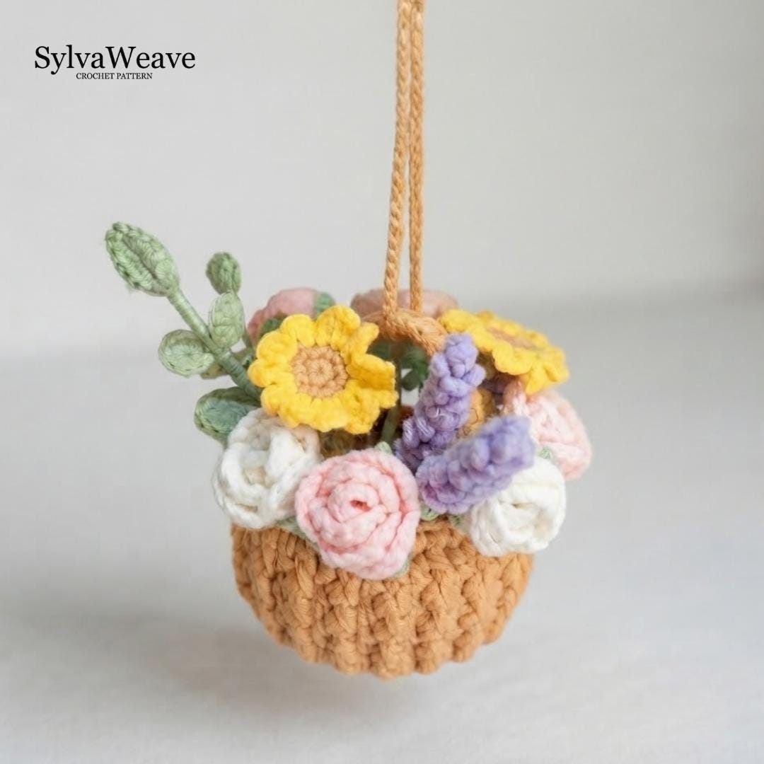 Flower Basket Crochet PDF pattern, Handmade Flower Arrangement, Thank You Gift, Car hanging accessories, Crochet Key Chain, Home Decoration