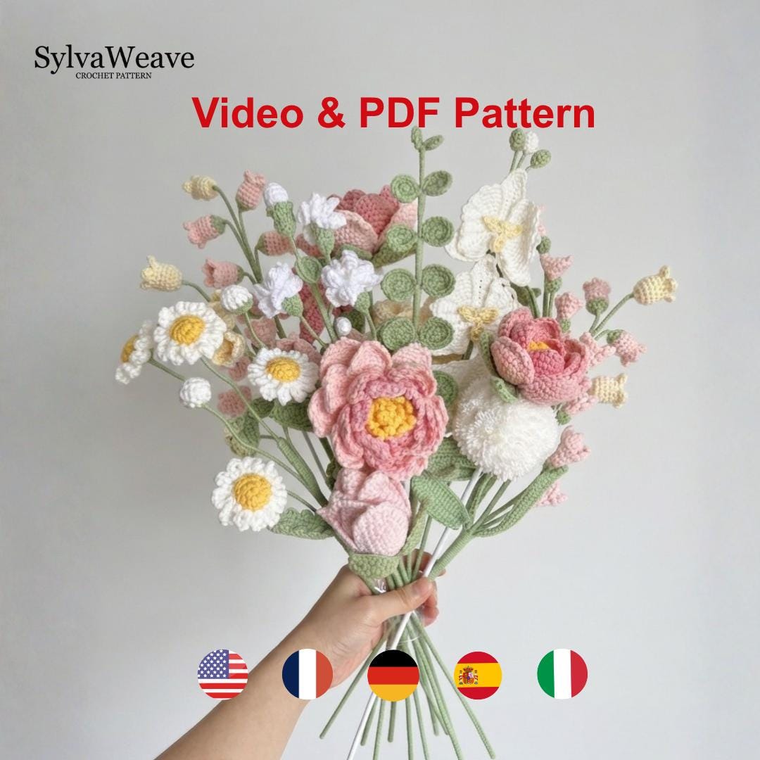 Crochet Flower Bouquet Bundle Pattern PDF with Video, Peony, Daisy, Moth Orchid, Freesia, Amigurumi flower, Wedding Bouquet, Valentine