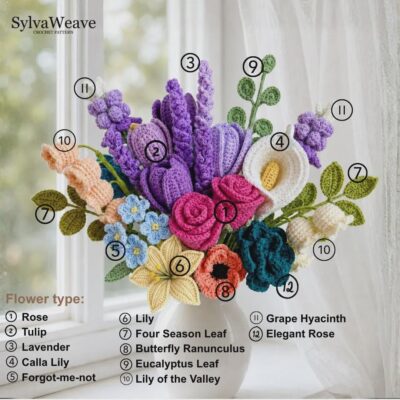 Crochet Flower Bouquet Bundle Pattern PDF with Video, Rose,Tulip,Lily,Lavender, Amigurumi flower, Wedding Flower, Valentine, 12 types Floral Crochet Flower Bouquet Bundle Pattern PDF with Video, Rose,Tulip,Lily,Lavender, Amigurumi flower, Wedding Flower, Valentine, 12 types Floral