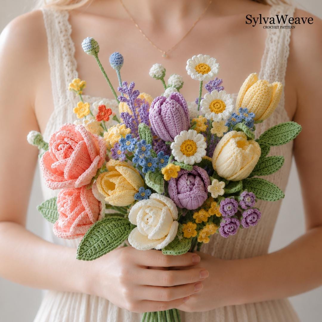 Crochet Flower Bouquet Bundle Pattern PDF with Video, Rose,Tulip, Daisy,Freesia, Amigurumi flower, Wedding Flower, Valentine, 9 types Floral