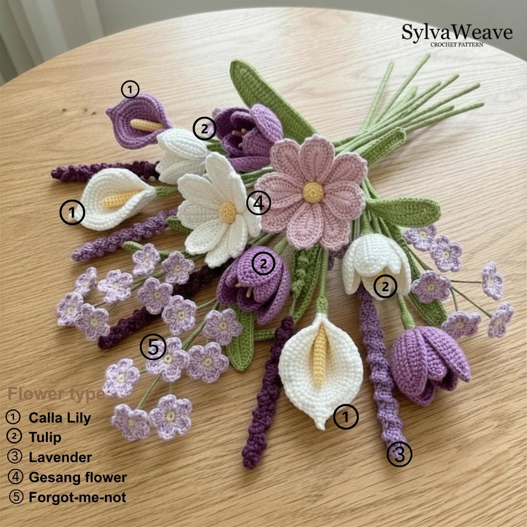Crochet Flower Bouquet Bundle Pattern PDF and Video, Lavender, Tulip, Calla Lily, Amigurumi flower, Wedding Flower, Valentine, 5 types