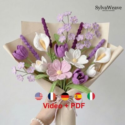 Crochet Flower Bouquet Bundle Pattern PDF and Video, Lavender, Tulip, Calla Lily, Amigurumi flower, Wedding Flower, Valentine, 5 types