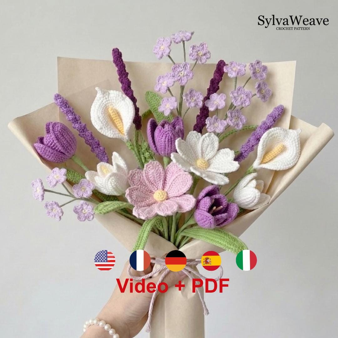 Crochet Flower Bouquet Bundle Pattern PDF and Video, Lavender, Tulip, Calla Lily, Amigurumi flower, Wedding Flower, Valentine, 5 types