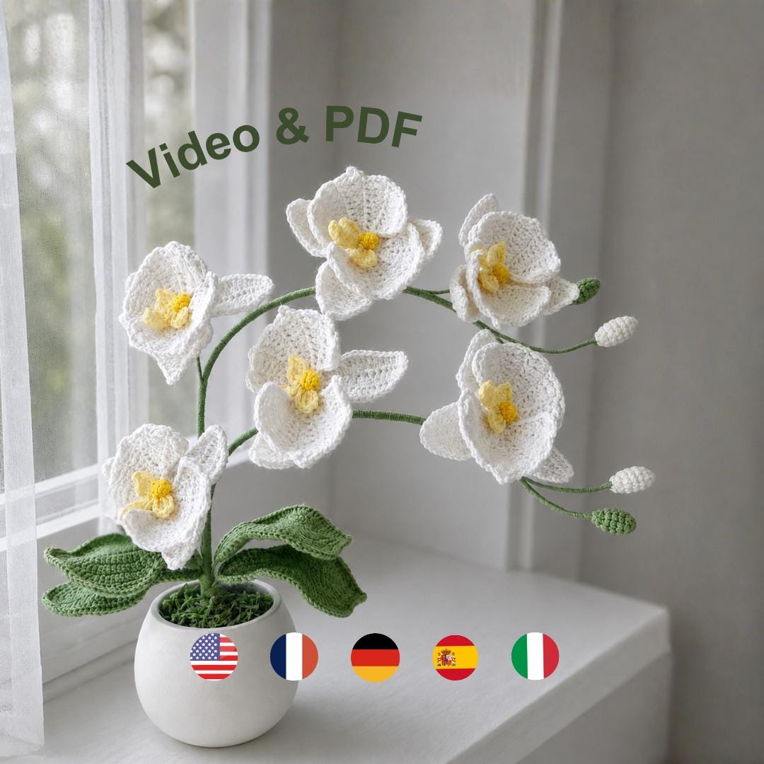 Crochet Moth Orchid Flower Plant Pattern PDF with Video Tutorial, DIY Gift for mother, Easy Knitting, Floral Bouquet, Home Decoration, House