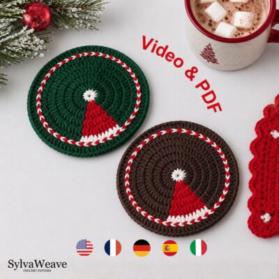 Santa Hat Christmas Coaster Crochet Pattern PDF | Holiday Mug Rug | Easy Christmas Coaster | Beginner Friendly | Video Tutorial