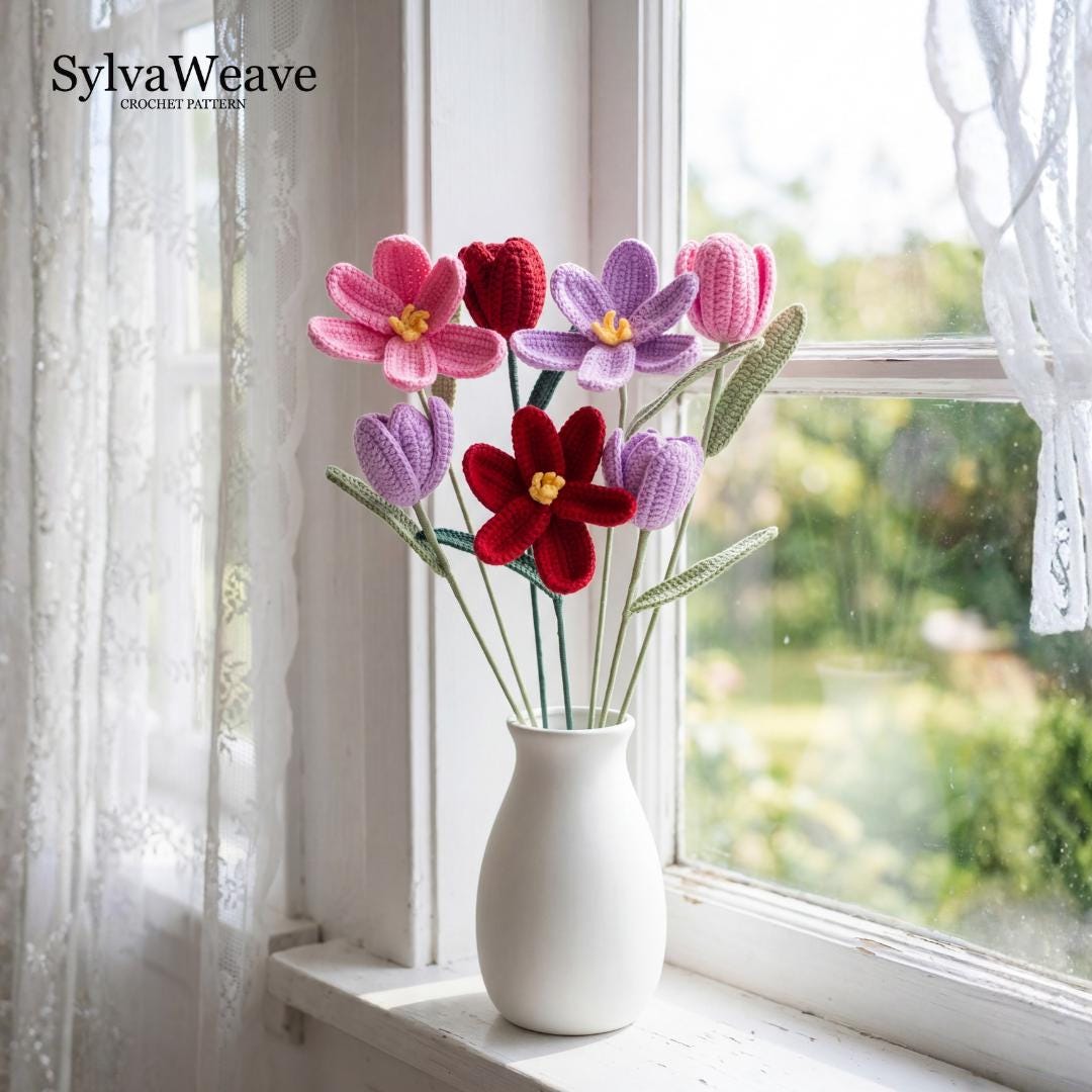 7-in-1 Crochet Flower Bouquet Pattern, Multi-Language Video Tutorial (Dahlia, Tulip, Lily)
