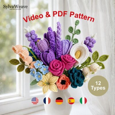 Crochet Flower Bouquet Bundle Pattern PDF with Video, Rose,Tulip,Lily,Lavender, Amigurumi flower, Wedding Flower, Valentine, 12 types Floral