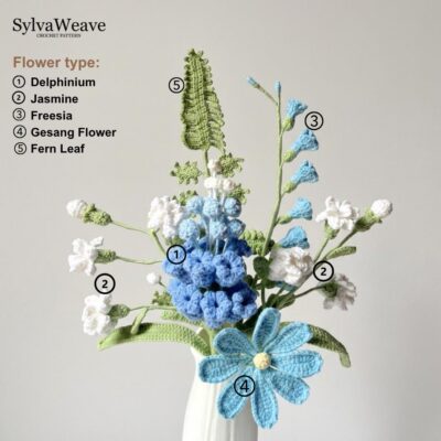 Crochet Flower Bouquet Bundle Pattern PDF with Video, Delphinium, Jasmine, Freesia, Amigurumi flower, Wedding Floral, Valentine, 5 types Crochet Flower Bouquet Bundle Pattern PDF with Video, Delphinium, Jasmine, Freesia, Amigurumi flower, Wedding Floral, Valentine, 5 types