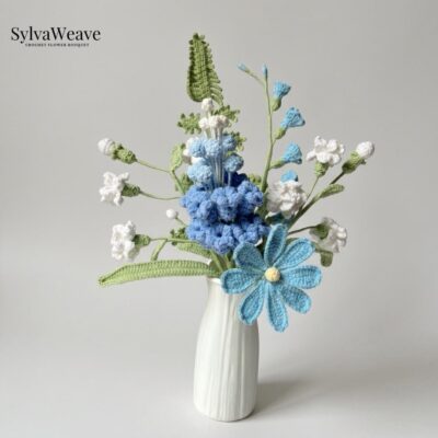 Crochet Blue Flower Bouquet, Everlasting Yarn Blooms, Hand-Knit Home Decoration, Anniversary Gift, Wedding Flora Arrangement