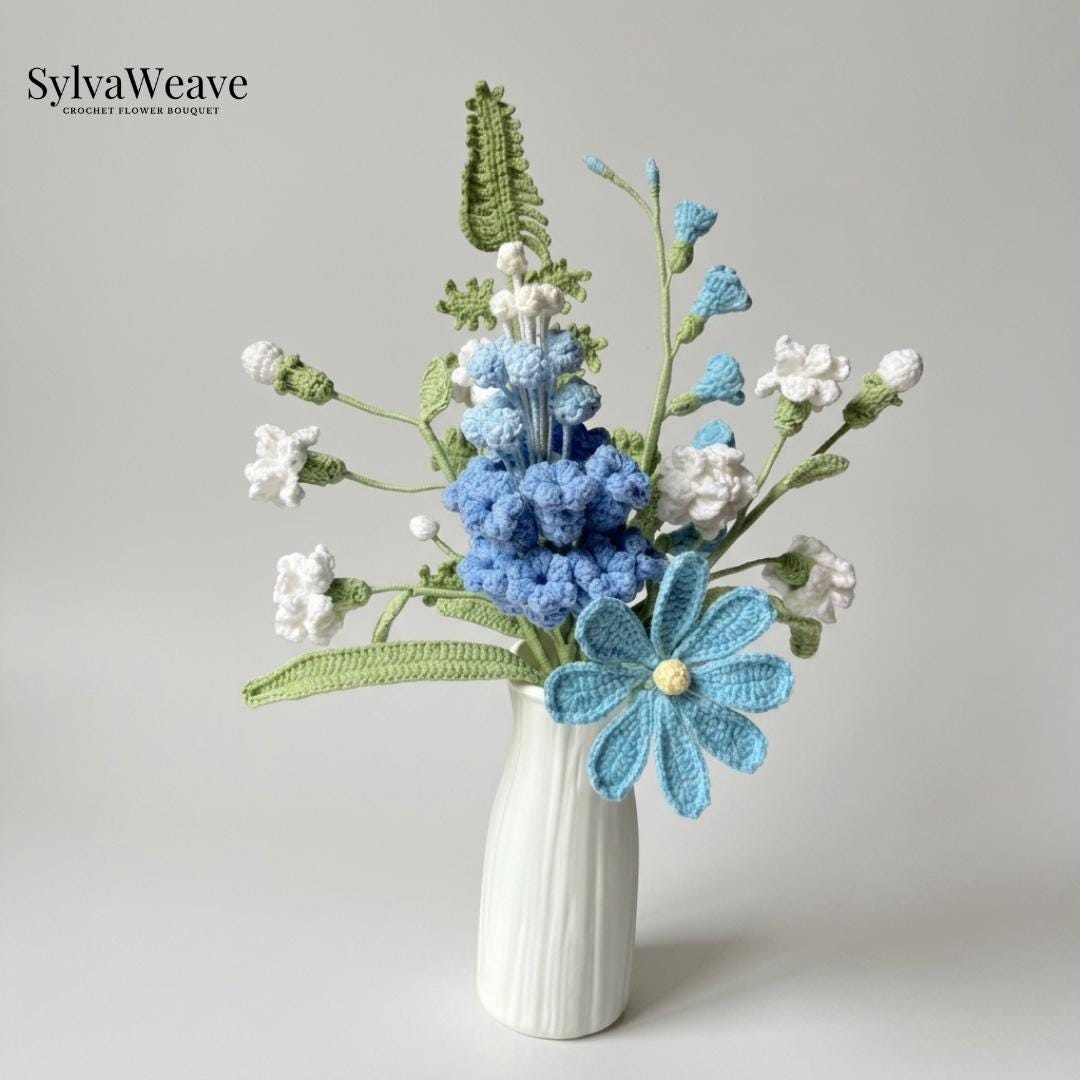 Crochet Blue Flower Bouquet, Everlasting Yarn Blooms, Hand-Knit Home Decoration, Anniversary Gift, Wedding Flora Arrangement