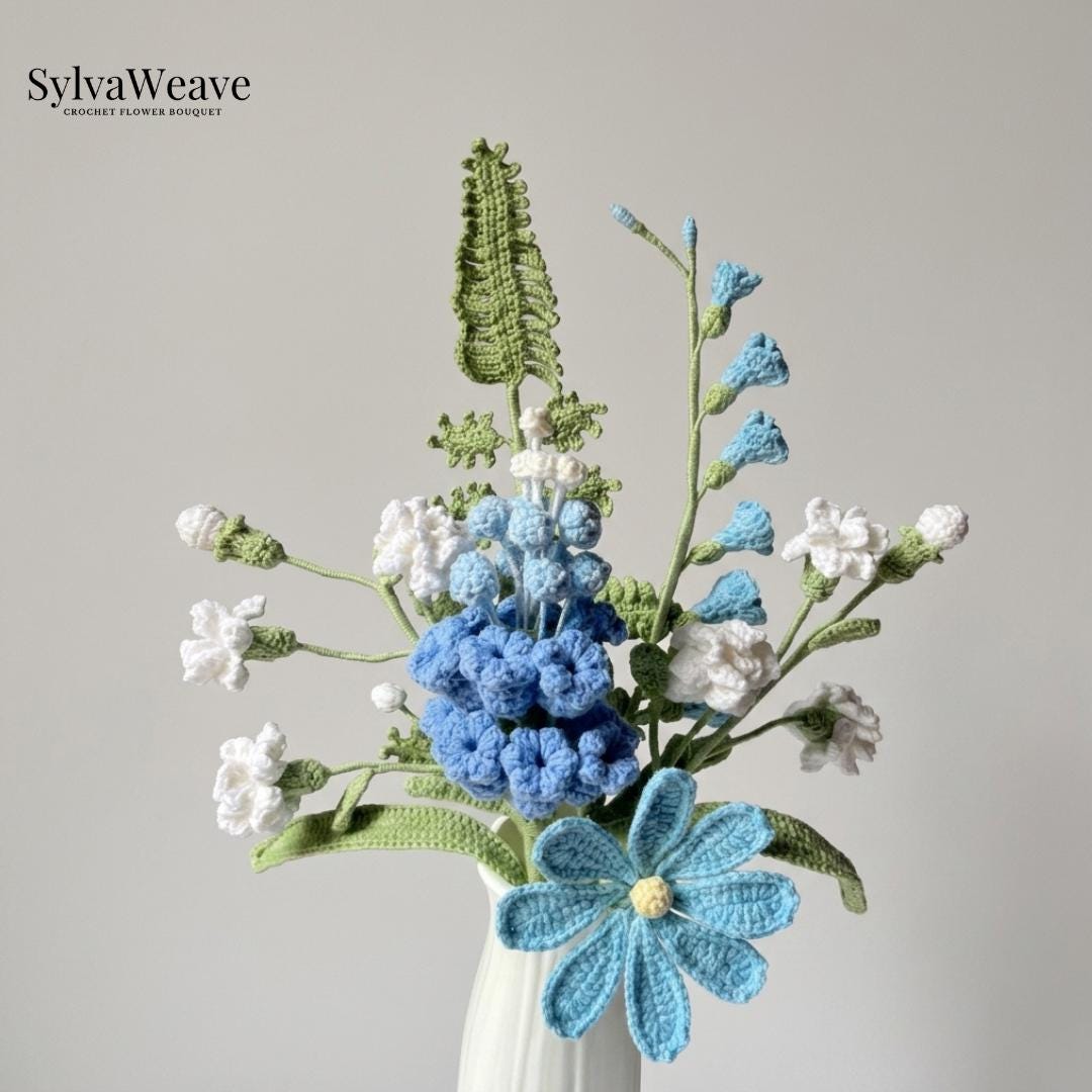 Crochet Blue Flower Bouquet, Everlasting Yarn Blooms, Hand-Knit Home Decoration, Anniversary Gift, Wedding Flora Arrangement - Image 2