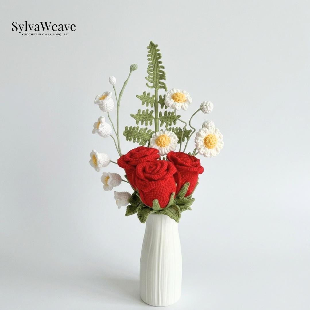 Crochet Rose Flower Bouquet, Everlasting Yarn Blooms, Hand-Knit Home Decoration, Anniversary Gift, Wedding Flora Arrangement - Image 5