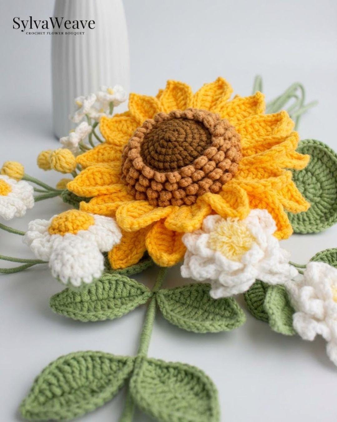 Crochet Sunflower Bouquet, Hand-Knotted Daisies, Everlasting Yarn Flowers, Gift for Mom - Image 5