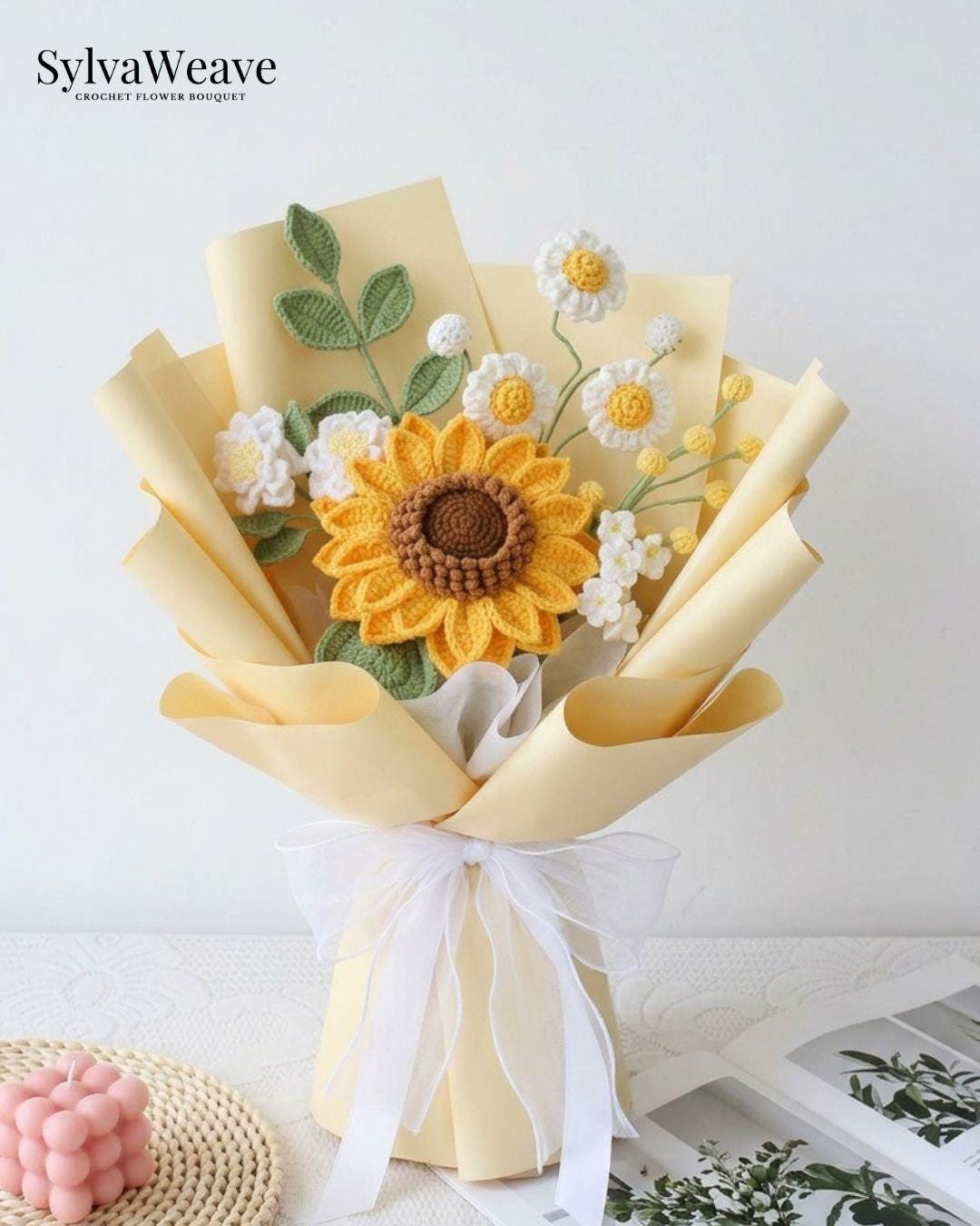 Crochet Sunflower Bouquet, Hand-Knotted Daisies, Everlasting Yarn Flowers, Gift for Mom