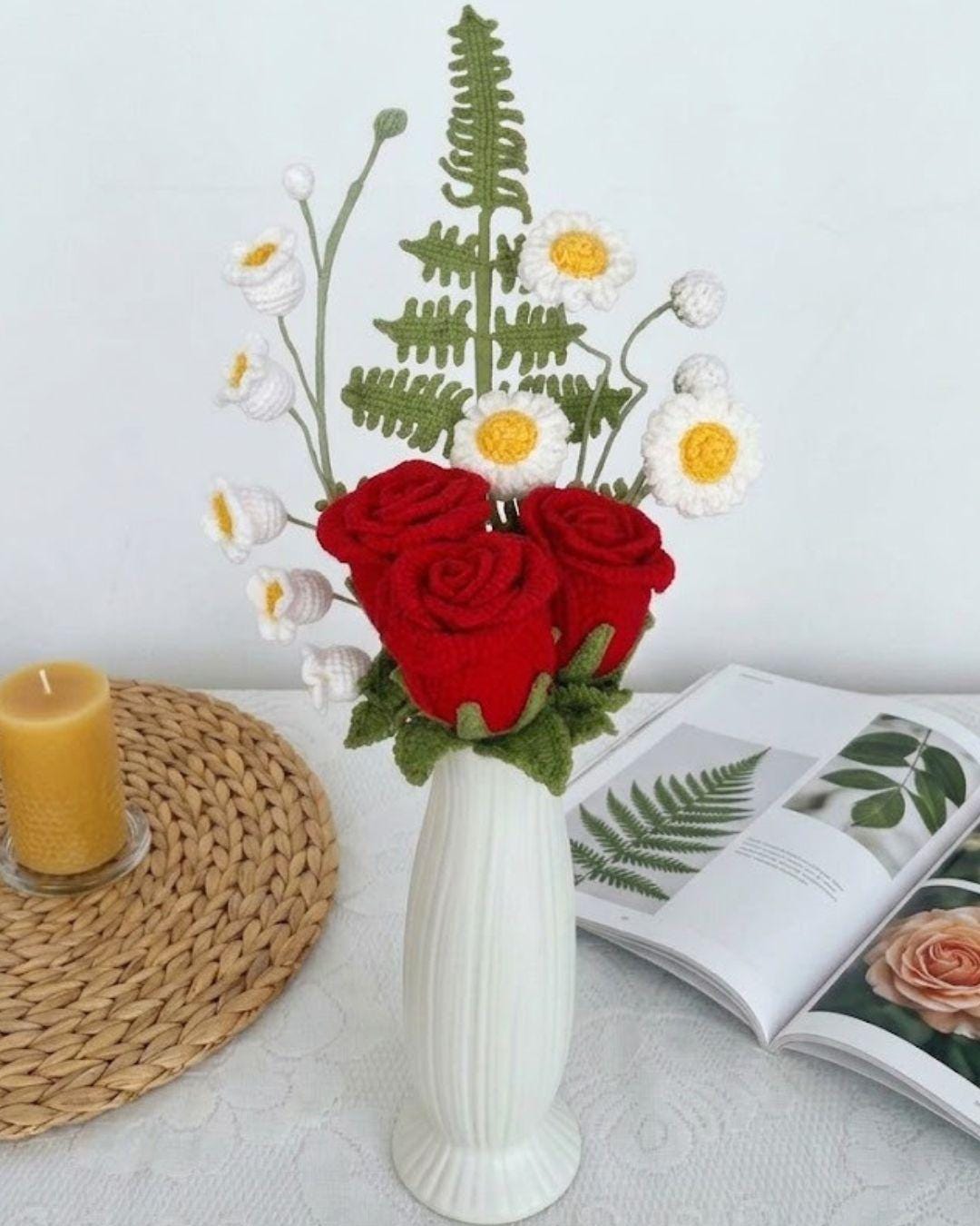Crochet Rose Flower Bouquet, Everlasting Yarn Blooms, Hand-Knit Home Decoration, Anniversary Gift, Wedding Flora Arrangement - Image 3