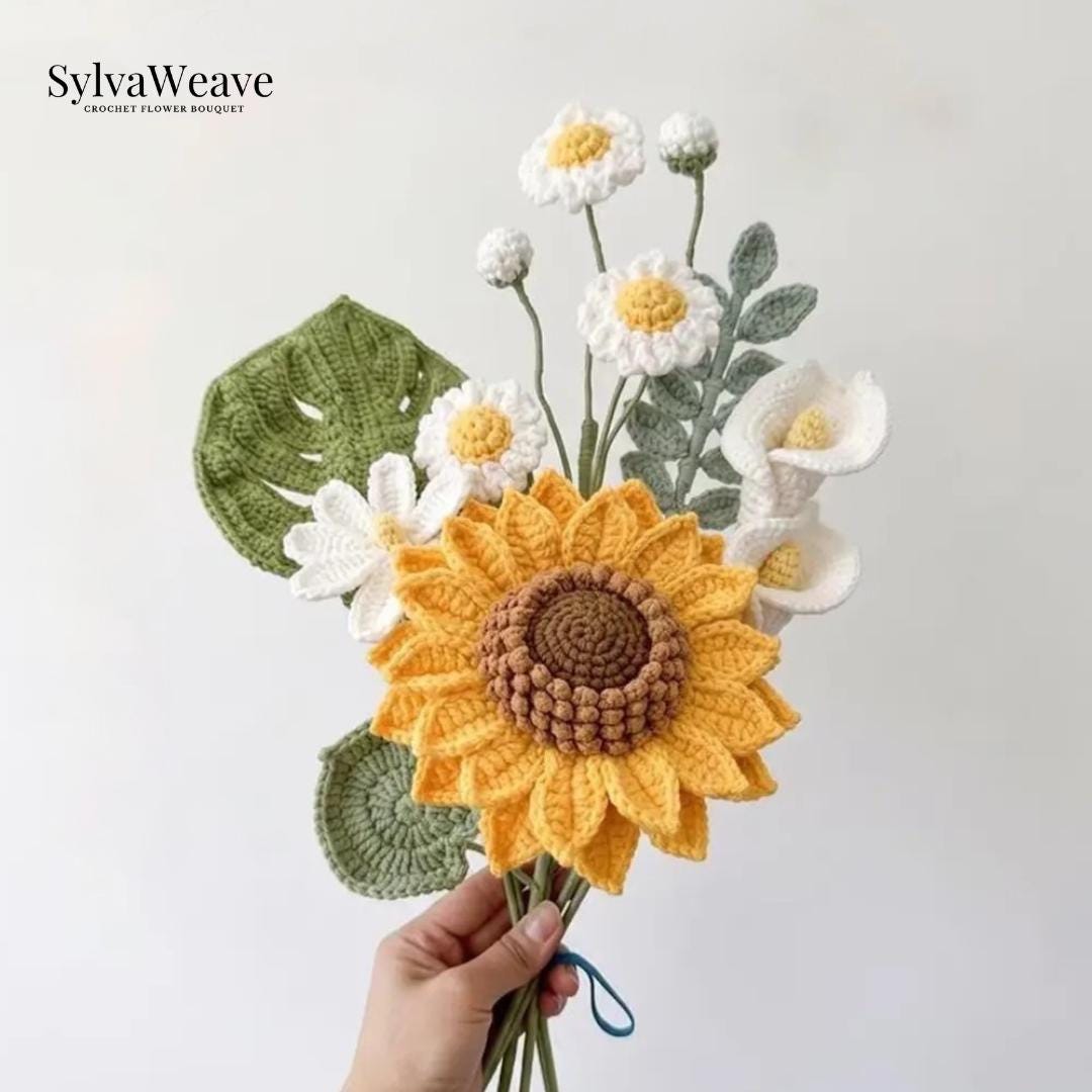 Handmade Sunflower, Daisy and Calla Lily Crochet Bouquet - Image 4