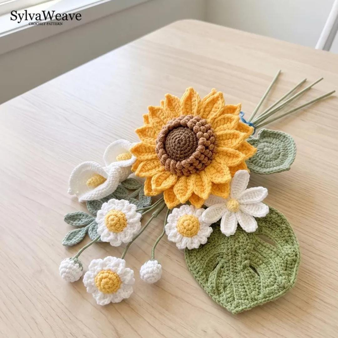 Handmade Sunflower, Daisy and Calla Lily Crochet Bouquet - Image 3
