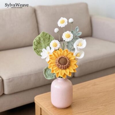 Handmade Sunflower, Daisy and Calla Lily Crochet Bouquet