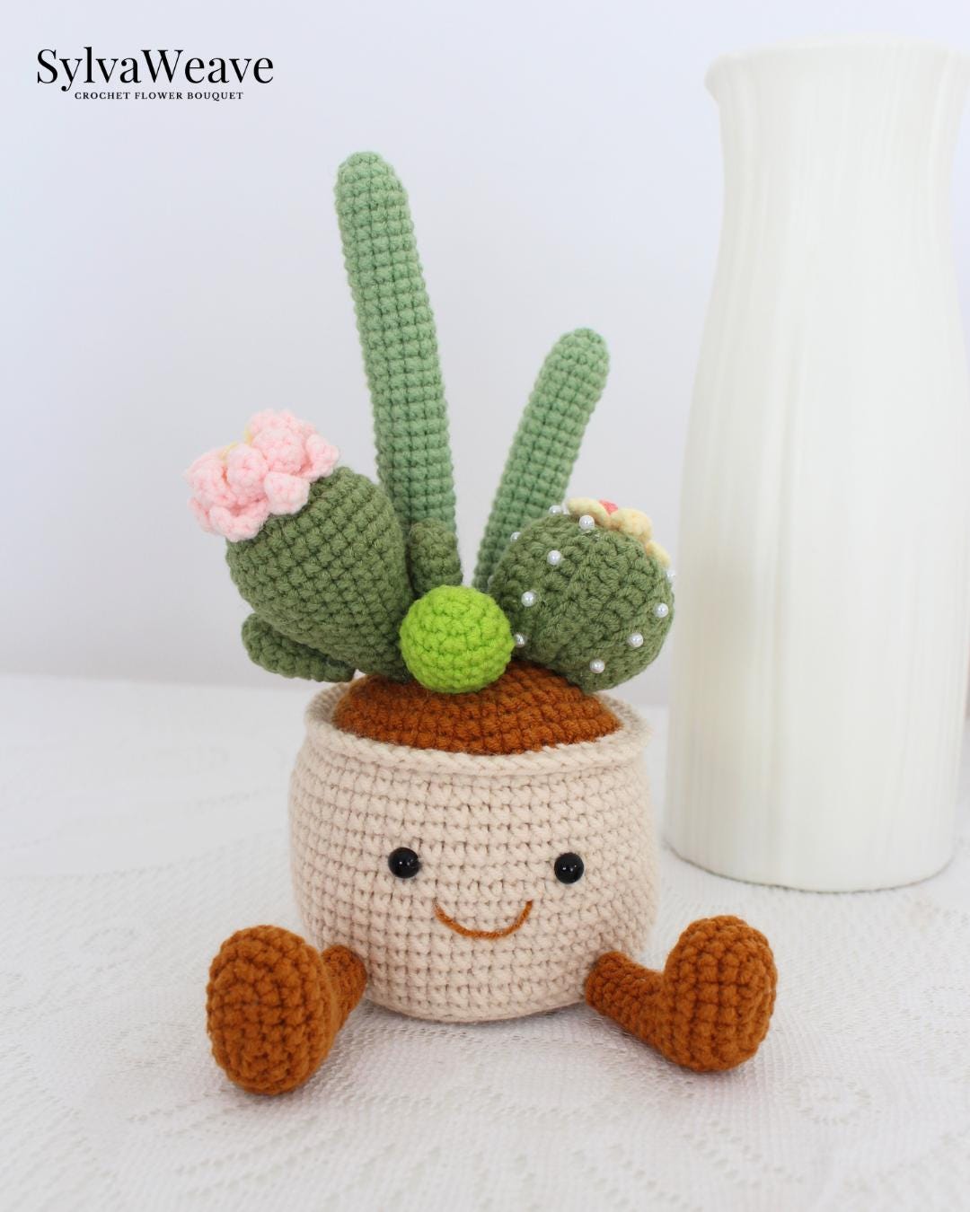 Jellycat Crochet Cactus Plant in Pot, Amigurumi Pot with Cute Face, Fake Plant Desk Decor, Finished Handmade Crochet Gift, Office Plant