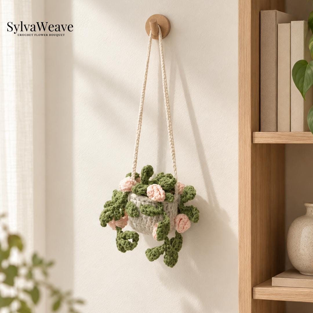 Crochet Hanging Plant Car Decor, Strawberry Flower Plant Hanger, Cute Rearview Mirror Charm, Handmade Car Accessories, Plant Lover Gift - Image 9