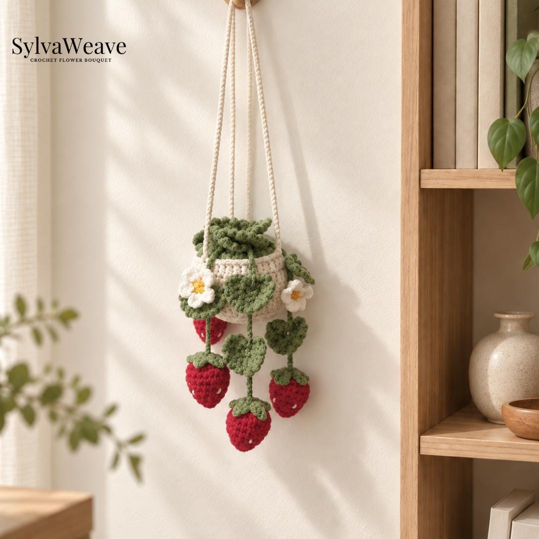 Crochet Hanging Plant Car Decor, Strawberry Flower Plant Hanger, Cute Rearview Mirror Charm, Handmade Car Accessories, Plant Lover Gift - Image 7