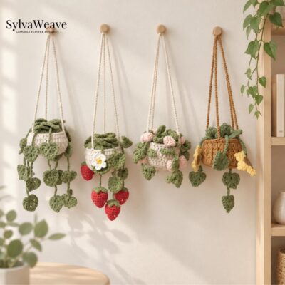 Crochet Hanging Plant Car Decor, Strawberry Flower Plant Hanger, Cute Rearview Mirror Charm, Handmade Car Accessories, Plant Lover Gift