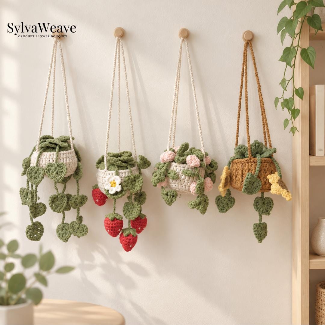 Crochet Hanging Plant Car Decor, Strawberry Flower Plant Hanger, Cute Rearview Mirror Charm, Handmade Car Accessories, Plant Lover Gift