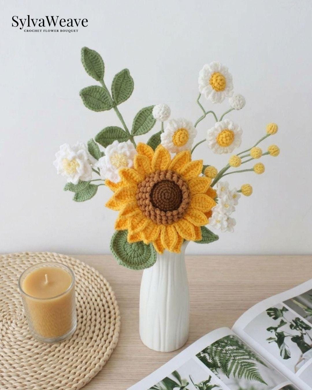 Crochet Sunflower Bouquet, Hand-Knotted Daisies, Everlasting Yarn Flowers, Gift for Mom - Image 3