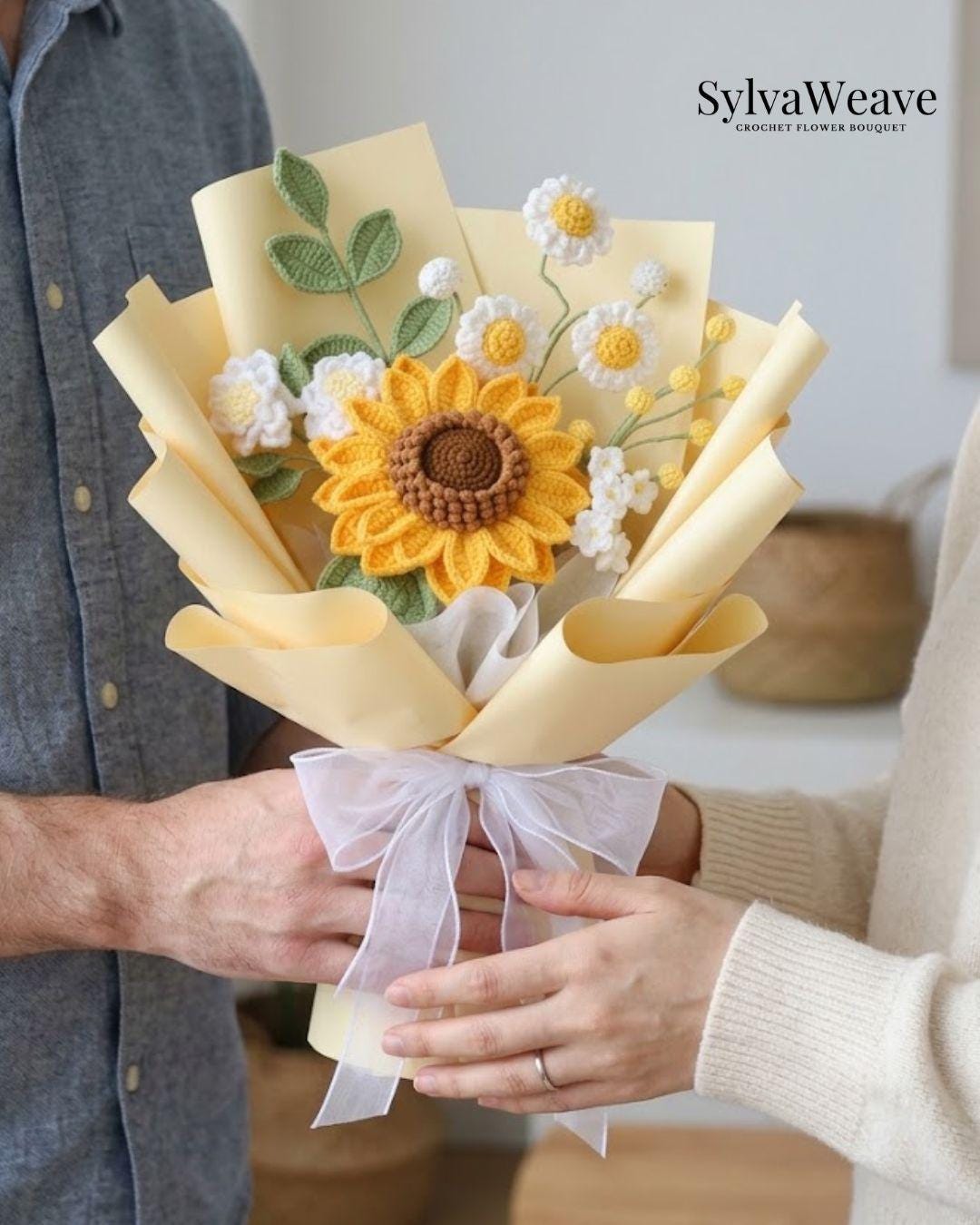 Crochet Sunflower Bouquet, Hand-Knotted Daisies, Everlasting Yarn Flowers, Gift for Mom - Image 2