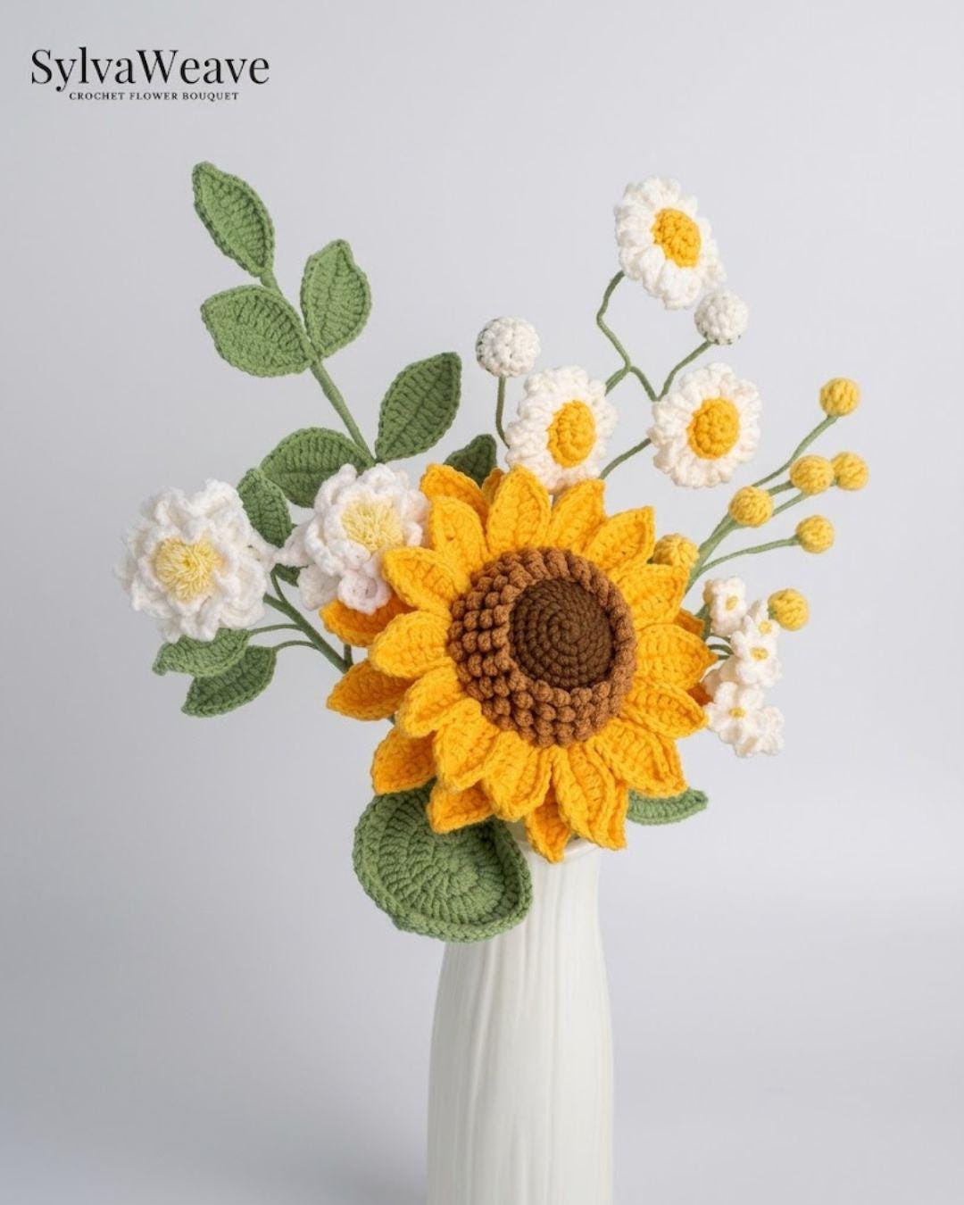 Crochet Sunflower Bouquet, Hand-Knotted Daisies, Everlasting Yarn Flowers, Gift for Mom - Image 4