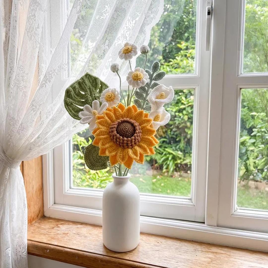 Handmade Sunflower, Daisy and Calla Lily Crochet Bouquet - Image 2