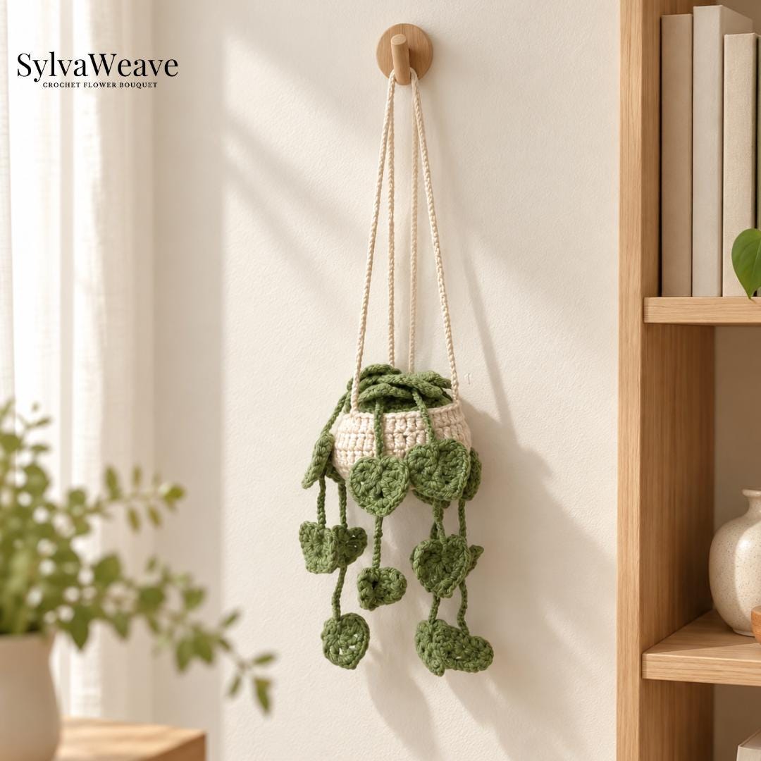 Crochet Hanging Plant Car Decor, Strawberry Flower Plant Hanger, Cute Rearview Mirror Charm, Handmade Car Accessories, Plant Lover Gift - Image 5