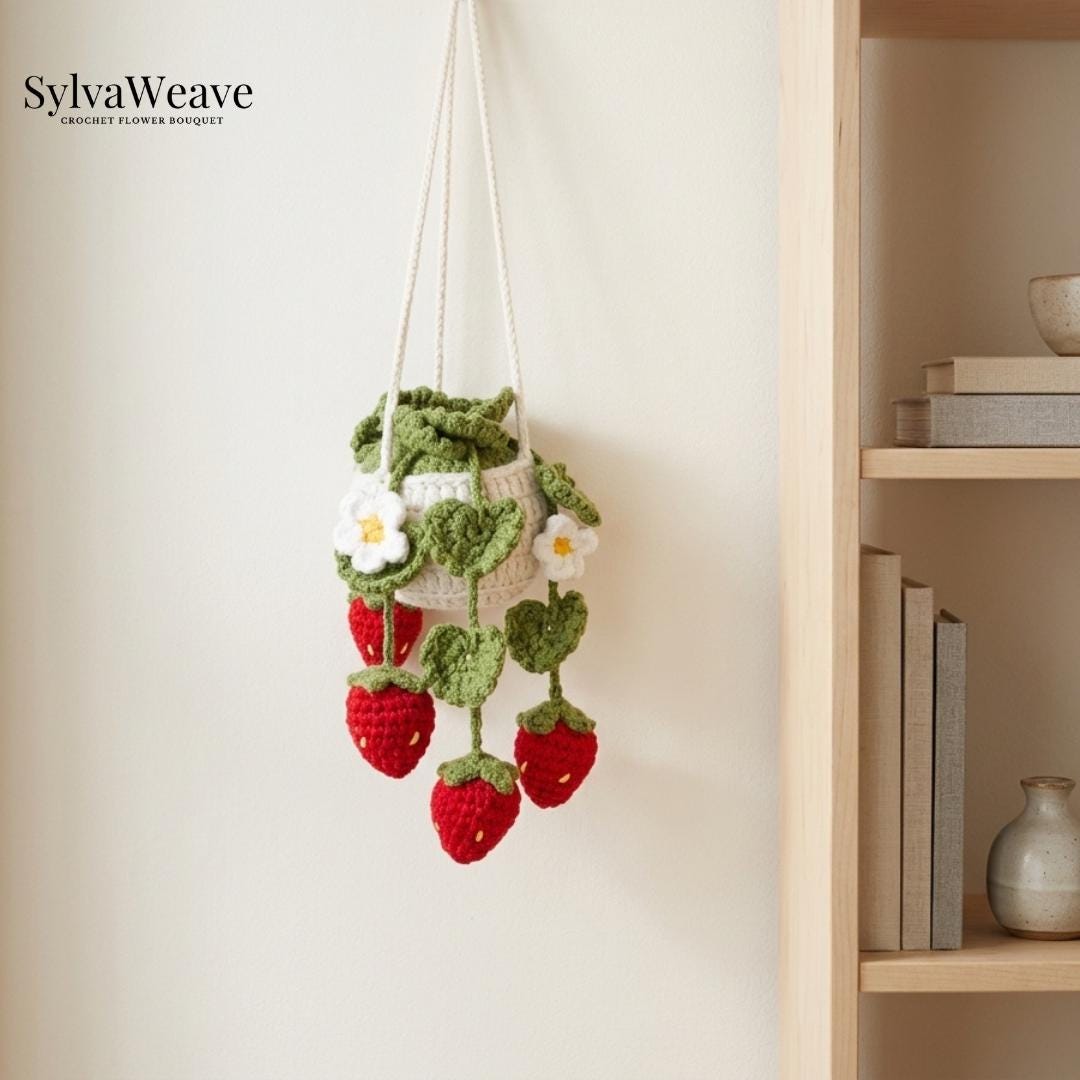 Crochet Hanging Plant Car Decor, Strawberry Flower Plant Hanger, Cute Rearview Mirror Charm, Handmade Car Accessories, Plant Lover Gift - Image 4