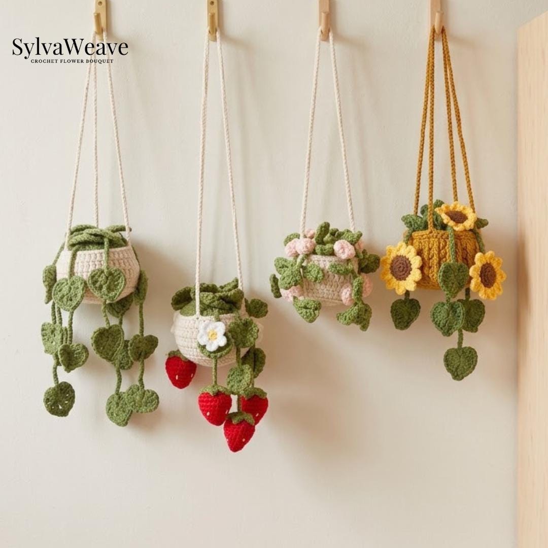 Crochet Hanging Plant Car Decor, Strawberry Flower Plant Hanger, Cute Rearview Mirror Charm, Handmade Car Accessories, Plant Lover Gift - Image 2