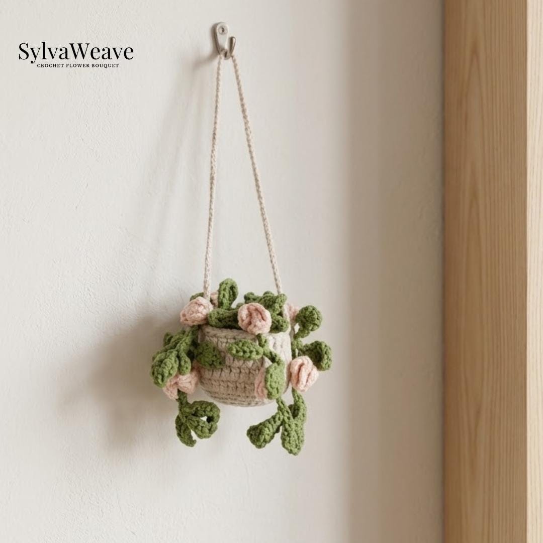 Crochet Hanging Plant Car Decor, Strawberry Flower Plant Hanger, Cute Rearview Mirror Charm, Handmade Car Accessories, Plant Lover Gift - Image 6