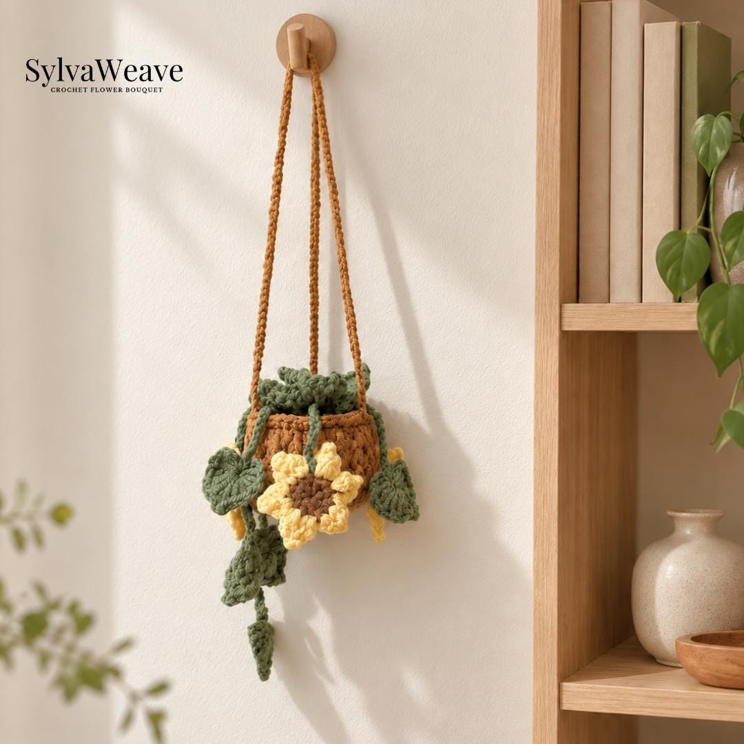 Crochet Hanging Plant Car Decor, Strawberry Flower Plant Hanger, Cute Rearview Mirror Charm, Handmade Car Accessories, Plant Lover Gift - Image 3